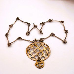 1970s Artisan Swedish Style Brass Tone Dangle Pendant & Specialty Chain 24 Inch